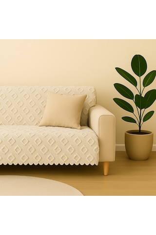 Şönil Jakarlı Kaymaz Koltuk Örtüsü 175x215 Cm Çekyat Uyumlu, Yıkanabilir Krem