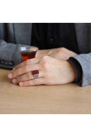 925 Ayar Gümüş Sarmaşık Tasarım Akik Taşlı Erkek Yüzük