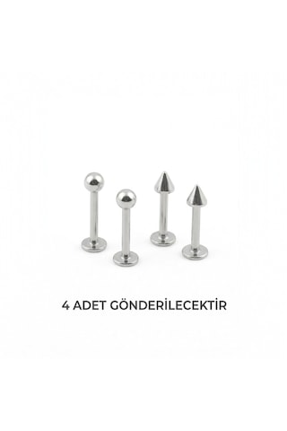4'lü Kararmaz Çelik Top Ve Koni Uçlu Labret Piercing Seti Tragus Helix Dudak Burun Conch Kıkırdak Gümüş
