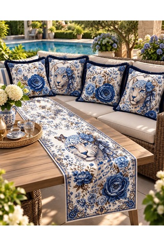 Mavi Leopar Desenli Runner + 4 Lü Kırlent Kılıfı Kombin Seti 45 x 45
