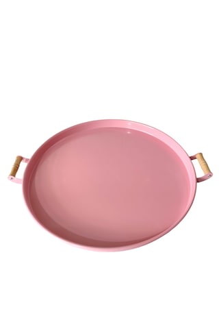 Ahşap Kulplu 51 Cm Açık Pembe Yuvarlak Metal Tepsi Kahvaltı Çay