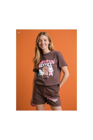 Bubiee Baby Yumuşak Pamuklu Kumaştan Kahverengi Baskılı T-shirt Ve Şort Takımı - Capyfun Besties Deseniyle Kahverenegi