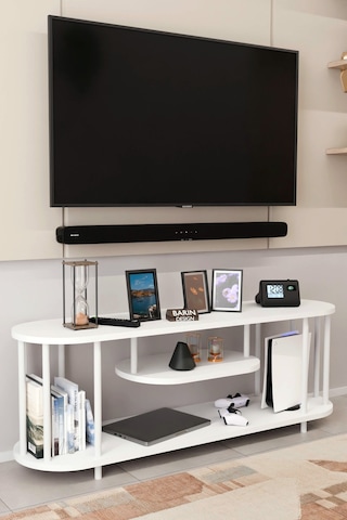 Modern Tv Ünitesi Ahşap Raflı 2 Katlı Televizyon Sehpası Minimalist,dayanıklı, Tv Standı Beyaz Demir Beyaz