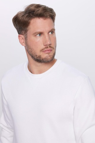 Tudors Unisex Oversize Geniş Kesim %100 Pamuk Basic Beyaz Bisiklet Yaka Sweatshirt-26563 Beyaz