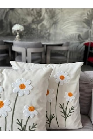 2 Adet 40x40 Cm Punch Papatya Desenli Gizli Fermuarlı Kırlent Kılıfı Dekoratif Yastık Kılıfı Salon Oturma Odası Kırlent Seti Diğer