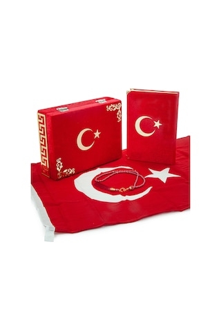 Türk Bayraklı Kuranı Kerim Hediyelik Set Pleksi Süslemeli Kadife Kutu, Bayrak Ve Tesbih