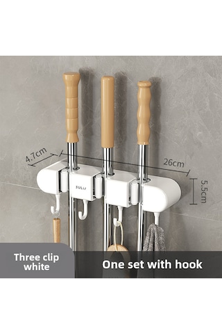 Geeroyoo Duvar Takılı Süpürge Tutucu, 3 Klemeli Beyaz, Deliksiz Yapıştırıcı Montaj, Ev Ofis Temizlik Gereçleri Depolama Rafı Diğer