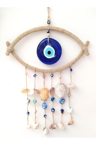 Hdmarketim Nazar Boncuklu Hasır Deniz Kabuklu Duvar Süsü Rüzgar Çanı 11319 Mavi