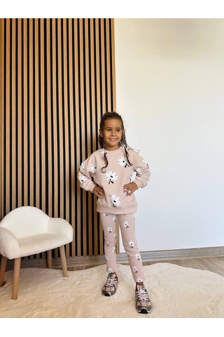 Kız Çocuk Çiçek - Leopar Detaylı 3 İplik Alt Üst Takım Sweatshirt + Tayt Pudra Papatya