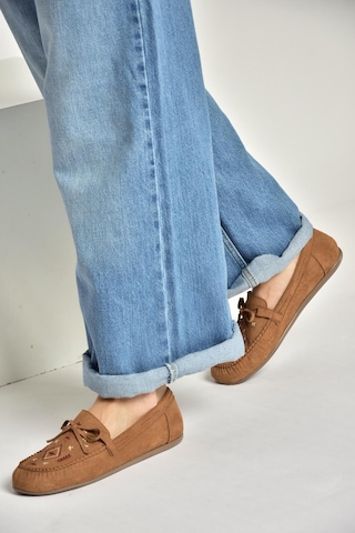 Fox Shoes Y996073102 Taba Süet Renkli Motif İşlemeli Kadın Babet Taba