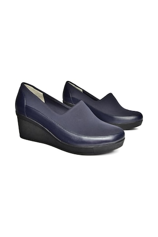 Fox Shoes R908059003 Lacivert Hakiki Deri Dolgu Topuklu Kadın Ayakkabı Lacivert