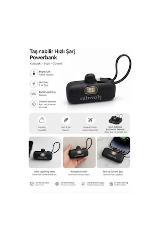 Rainvolt Mini Kapsül Powerbank Led Dijital Göstergeli & Dahili Kablolu Taşınabilir Şarj Cihazı siyah