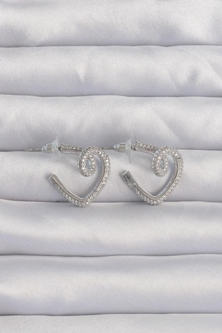 Pirinç Gümüş Renk Zirkon Taşlı Kıvrımlı Yarım Kalp Küpe Gold