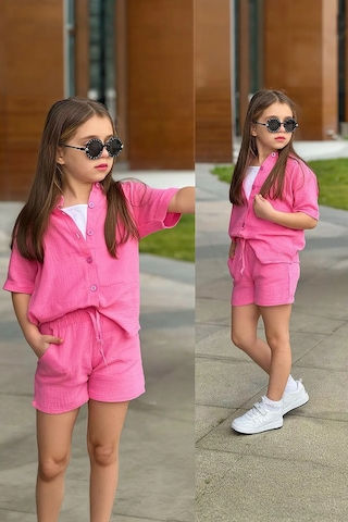 Miniğimin Cicileri Müslin Gömlek Şortlu Atletli Kız Çocuk Takım - Pembe Diğer