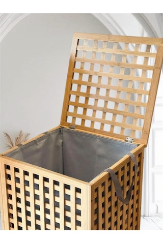 Bambu Kapaklı Kirli Çamaşır Sepeti Banyo Düzenleyici Modern Şık Tasarım Organizer Bambu