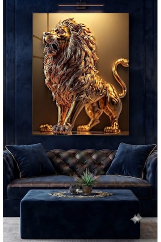 4mm Tamperli Uv Baskı Kırılımaz Cam Tablo Ev Ofis Duvar Dekor Hediyelik Tablo Luxury Premium Aslan Altın Gümüş Canlı Sağlam Gerçek Cama