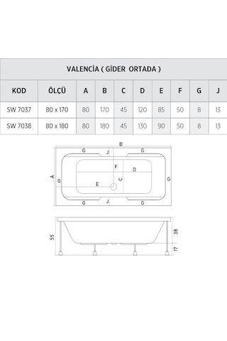 Shower 80X180 Valencıa Kolluklu Düz Küvet