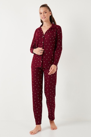 Lela Streç Standart Fit Düğmeli Bayan Pijama Takımı 60956601 Bordo