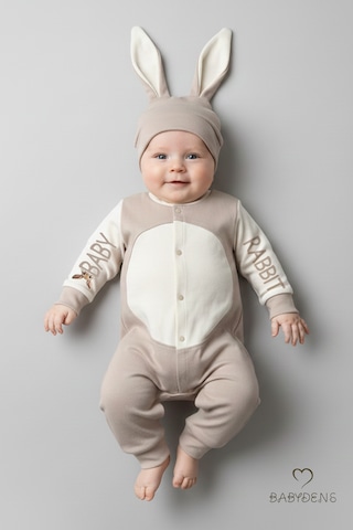 Babyden's Bebek Tavşanlı Tulum Şapka Set %100 Pamuklu Çıtçıtlı,ayarlanır Ponponlu Unisex Yenidoğan Tulum Seti Bej