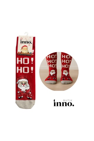 Inno Yılbaşı Hoho Desenli Noel Babalı Kraft Kutulu Çorap Tekli Beyaz