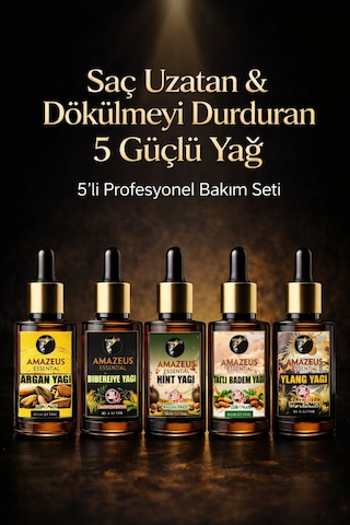 Amazeus Hızlı Uzama & Dökülme Karşıtı 7'li Bitkisel Yağ Seti Argan, Biberiye, Tatlı Badem,hint,ylang Ylang