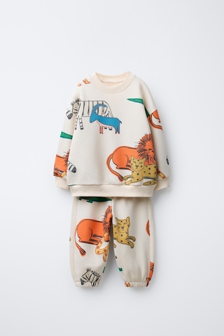 Magu Unisex Çocuk Pamuklu Krem Safari Hayvan Desenli Sweatshirt Ve Jogger Eşofman Takım Çok Renkli