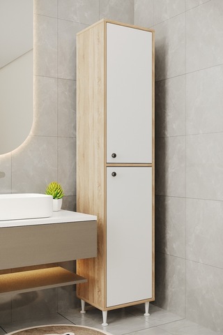 Aeka Ae-2027 Lina 2 Kapaklı Çok Amaçlı Dolap 40x180 Cm Raflı Dar Yüksek Boy Banyo Çok Bölmeli Depolama Dolabı Sonomo - Beyaz