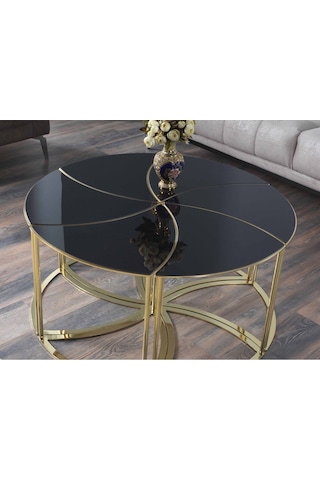 Premium Modern Yuvarlak Sehpa 6 Lı Takım 100 48cm Cam Altın Ayaklı