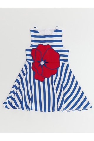 Denokids Mushi Çizgili Gelincik Dokuma Kız Elbise Beyaz - Mavi