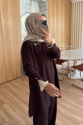Ka Hijab Kolu Tüllü Merserize Takım - Kahverengi