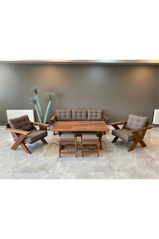 Verona Masif Ahşap Bahçe Koltuk Takımı Kestane Ağacı 3+1+1 Masa Kahverengi