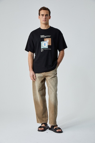 Grımelange Prısmatıc Erkek Siyah Oversize Bisiklet Yaka Baskılı T-shirt