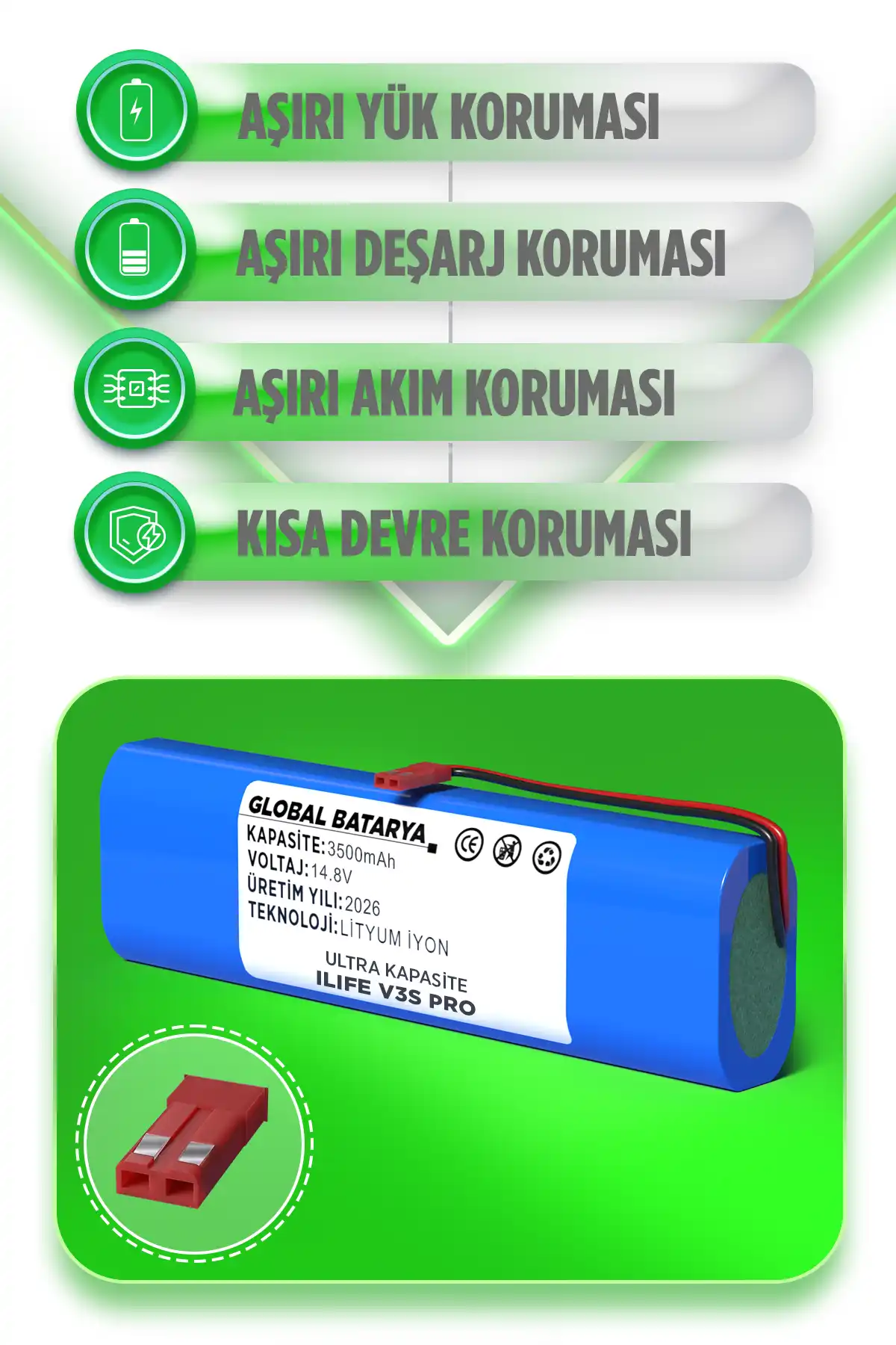 Ilıfe V3s Pro Uyumlu Robot Süpürge Bataryası 14.8v 3500mah Li-ion Pil Ultra Kapasite