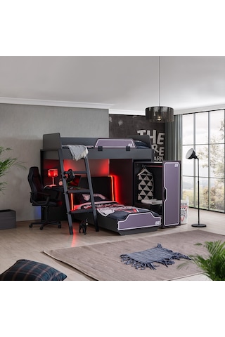 Ranzalı Oyuncu Odası, Gamer Ranza Ledli Karyola Masa Dolap 2 Adet Comfort Yatak 90 X 190 CM