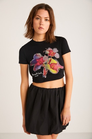 ETHIQUET JESS Kadın Çiçek Baskı Detaylı Kısa Kollu Bisiklet Yaka Crop Siyah T-Shirt