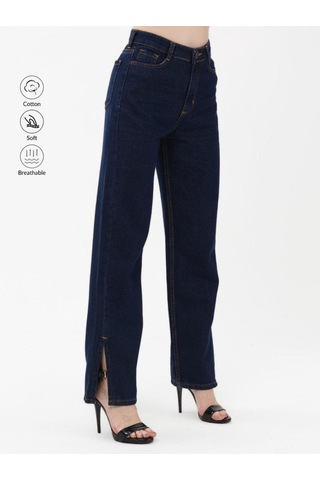 Kene Jeans Lacivert Paça Yan Yırtmaç Boyfriend Bol Paça Pantolon Lacivert