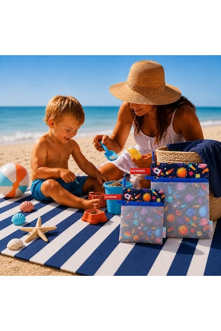 Minimono 2'li Islak & Kuru Çanta Seti Sıvı Geçirmez Pu İç Yüzey Büyük + Küçük Boy 2'li Set Uzay