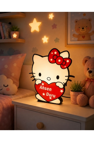İsimli Hello Kitty Figürlü Led Gece Lambası Usb Çocuk Odası Dekoratif Masa Lambası Karma