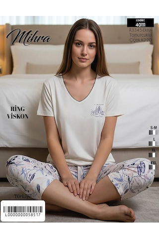 Mihra Kadın Viskon V Yaka Kısa Kol Kapri Likralı Pijama Takımı 40111e - 1 Adet Ekru