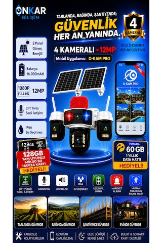 Okam Pro Premium 4g-336 4 Kameralı 7/24 Kayıt Sim Kartlı Güneş Enerjili Güvenlik Kamerası