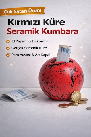El Yapımı Seramik Küre Kırılabilir Ve Alt Kapaklı Tekrar Kullanılabilir Kumbara Kırmızı
