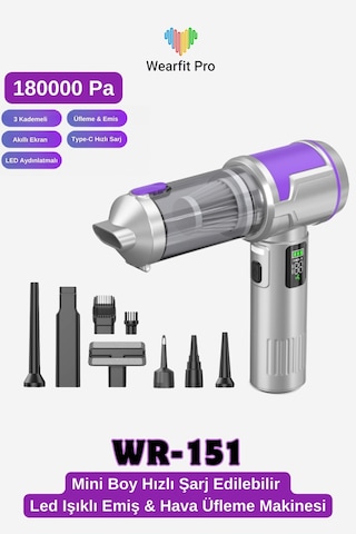 Wearfitpro Wr-151 18000pa Hava Ve Emiş Güçlü Mini Kablosuz Araç İçi Elektrikli Süpürge Hava Üfleme Makinesi