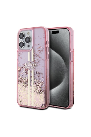 Apple Uyumlu iPhone 15 Pro Max Kılıf Guess Lisanslı Transparan Sıvılı Simli Altın Çizgili Kapak Pembe