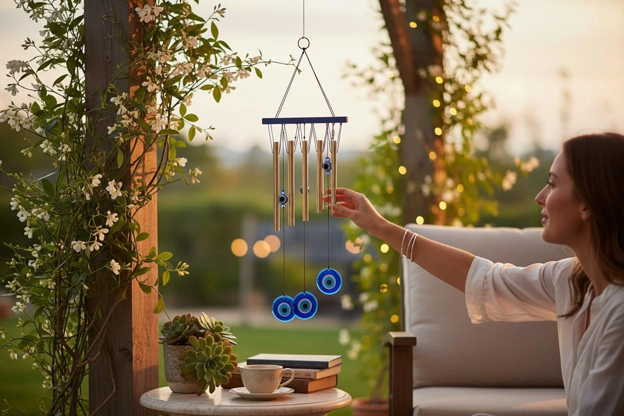 Feng Shui Nazar Boncuğu Rüzgar Çanı Metal Kötü Göze Karşı Dış Mekan Dekoratif Bahçe Kapı Süsü 52 Cm. 60 Cm