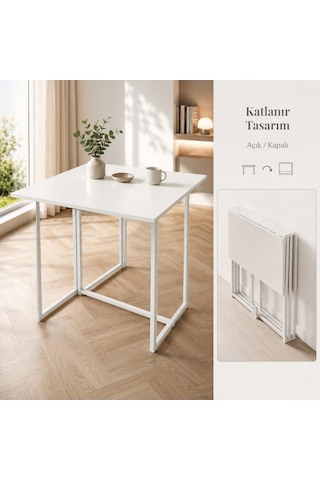 Workcomo Katlanır Çalışma Masası Yemek Masası Mutfak Masası Balkon Masası Beyaz - Beyaz