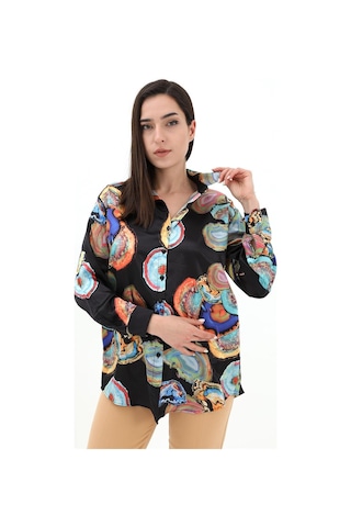 Desenli Saten Gömlek - Siyah-siyah Siyah