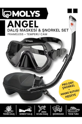 Molys Angel Dalış Maskesi + Antı Fog Buğu Önleyici Film + Pro Full Dry Tam Kuru Şnorkel + Maske Koruma Kutusu Set Halinde Siyah - Siyah