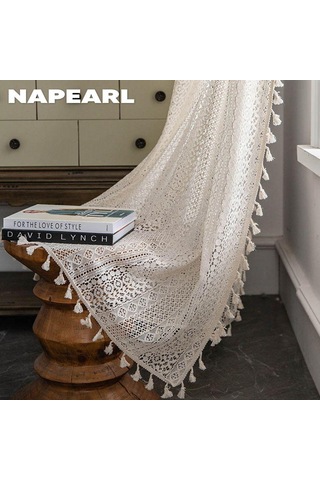1 Adet Napearl Brokar Pamuk Çözgü Örme Zanaat Perde Püsküller İle Oturma Odası Yatak Odası Ev Dekor İçin W150cm X L240cm Bej