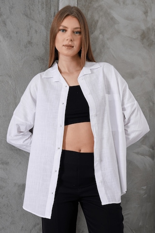 Paw Garage Kadın London Keten Tek Cepli Oversize Gömlek, Premium Kalite Keten Gömlek Beyaz