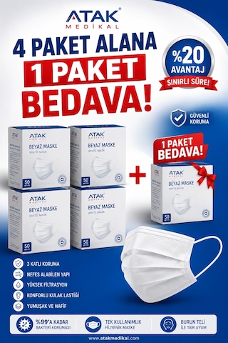 Atak Medikal Beyaz Maske 50'li 4 Paket Alana 1 Paket Bedava